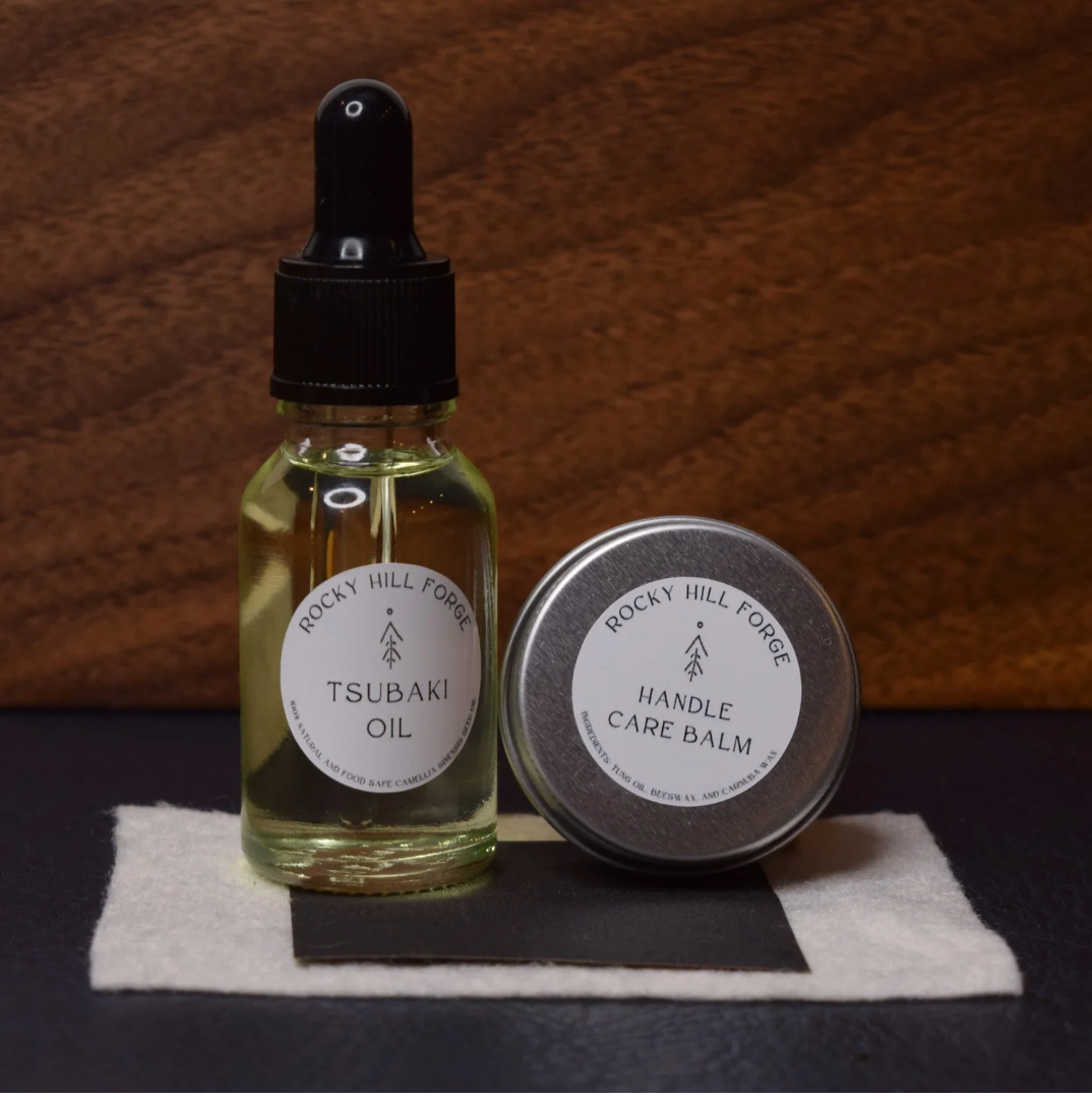 Knife Care Kit. Tsubaki Oil, Handle Care Balm, Bamboo Cloth, Rust Removal Abrasive