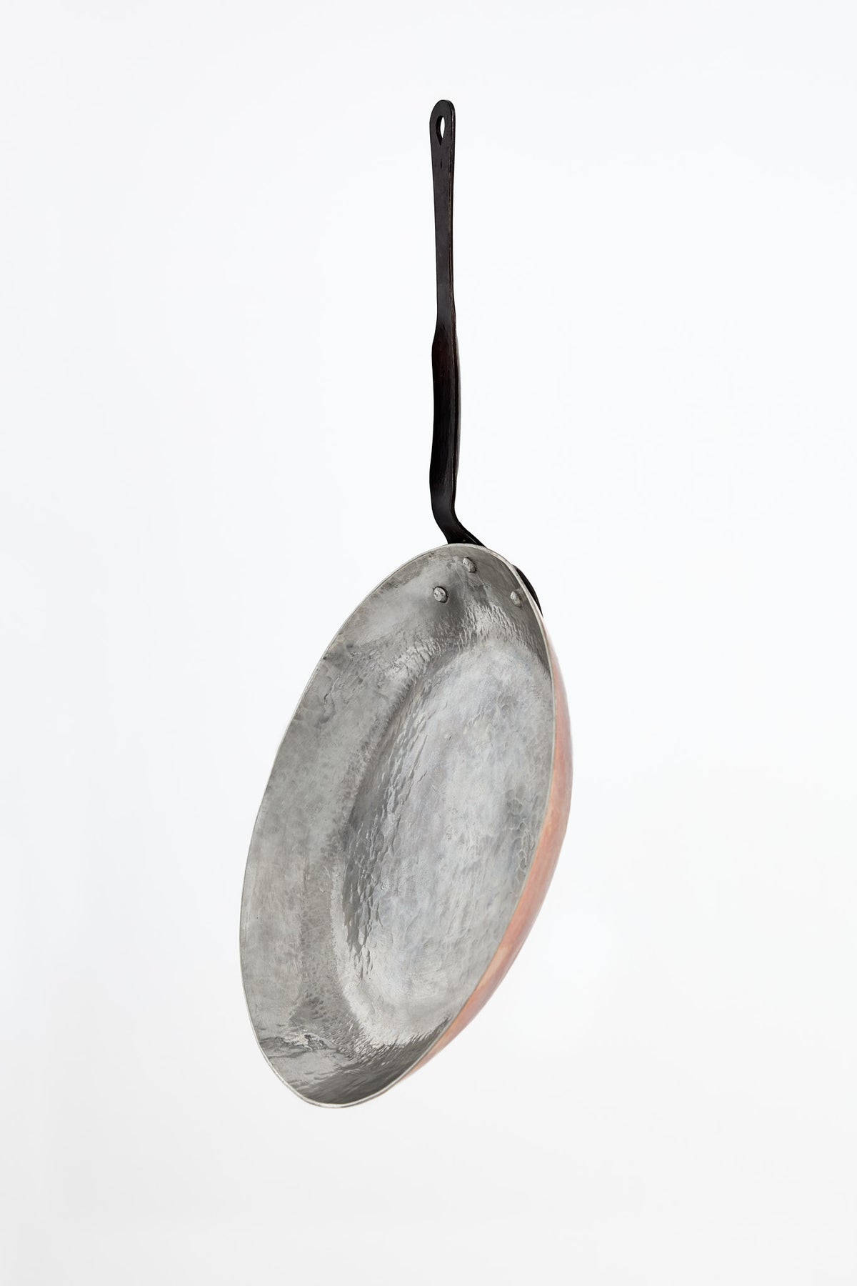 Hand raised copper pan lined with tin, side and interior view